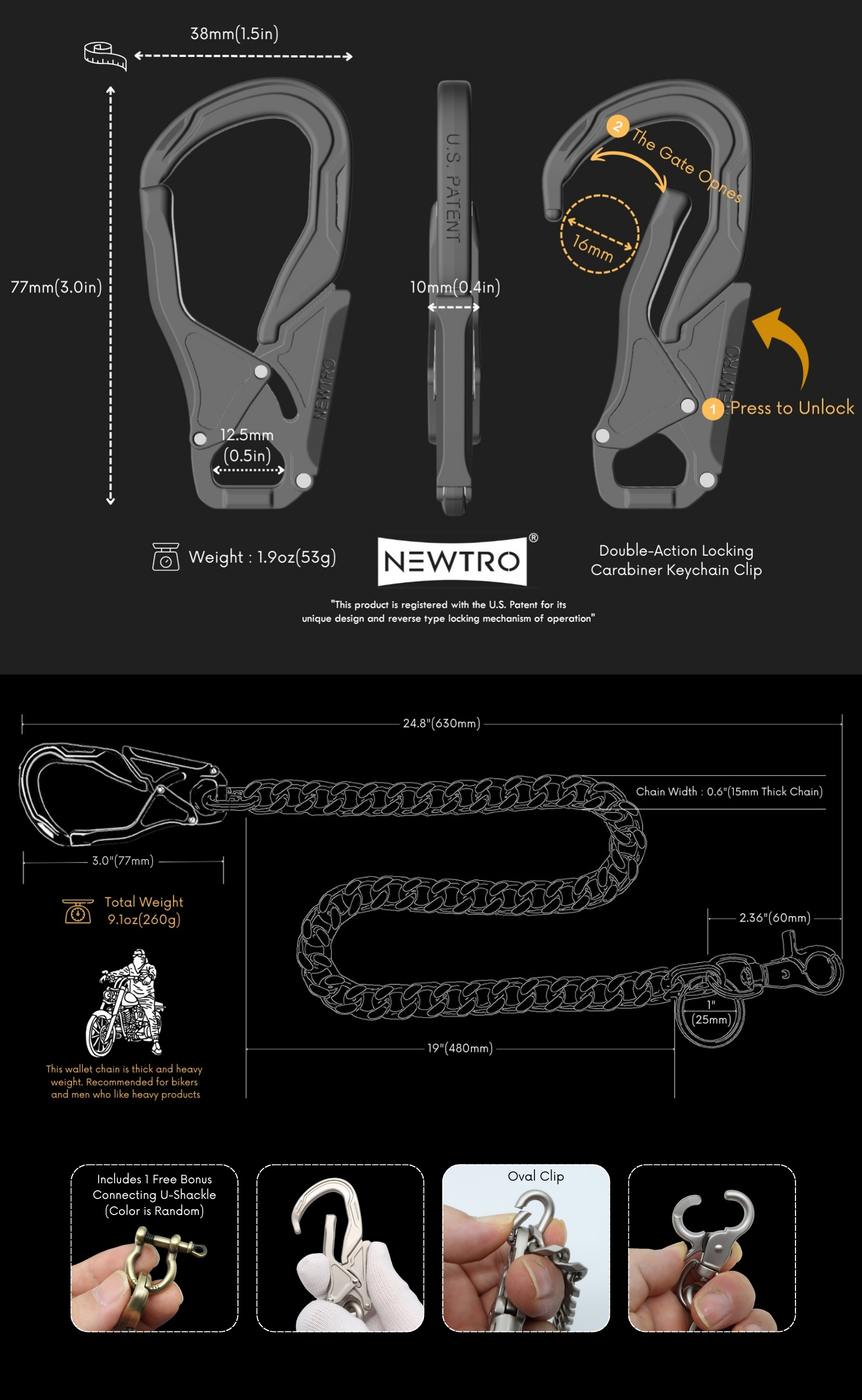Infografía de las dimensiones de la cadena y el mosquetón de cierre NEWTRO