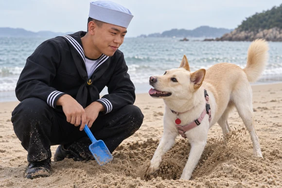 해변에서 기주 옆에 작은 구덩이를 파는 대한이