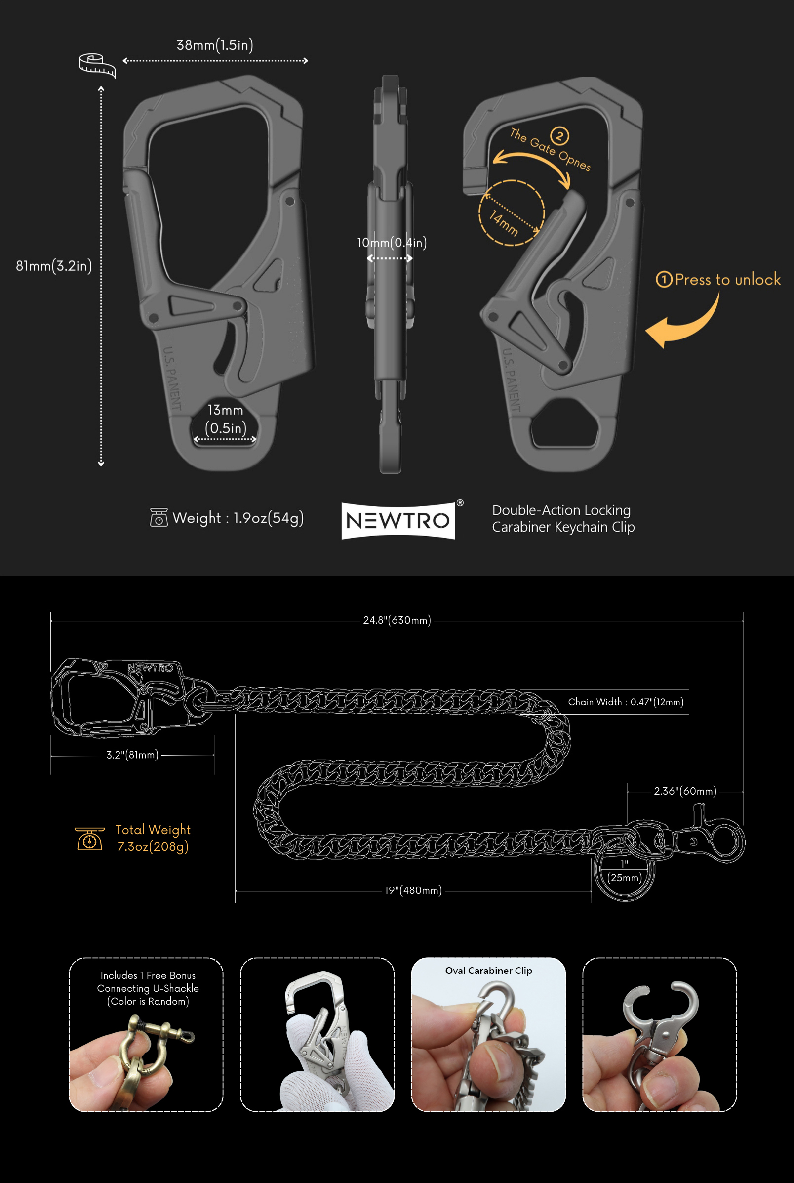 Infografía de medidas y mosquetón con cierre de la cadena NEWTRO Silver